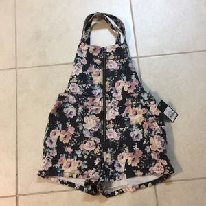 Black floral print shortalls